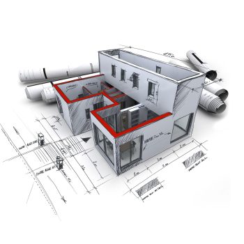 3D rendering of an architecture model, with rolled up blueprints and handwritten notes and measurements