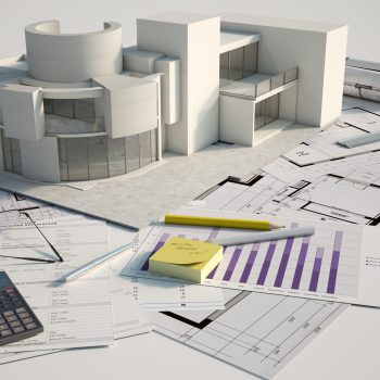 3D rendering of a building mock up on top of mortgage application form, calculator, blueprints, etc..