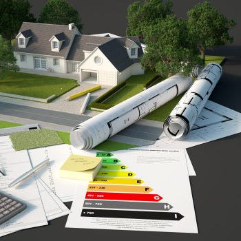 3D rendering of a house architectural and landscape model with blueprints, energy efficiency charts and other documents