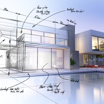 3D rendering of a luxurious villa contrasting with a technical draft part