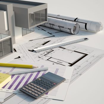 3D rendering of a modern house mock up on top of blueprints, mortgage application form, and other documents,calculator, etc.