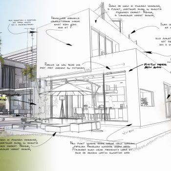3D rendering of a hand scribbling technical details on a luxury house draft