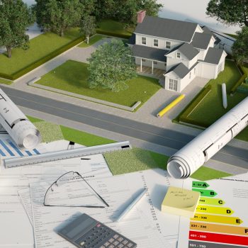 3D rendering of an architectural and landscapemodel with blueprints, energy efficiency charts and other documents