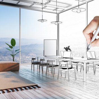 Hand drawing contemporary loft office interior with furniture, equipment and panoramic city view with daylight. Design and refurbishment concept