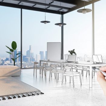 Hand drawing modern loft office interior with furniture, equipment and panoramic city view with daylight. Design and refurbishment concept