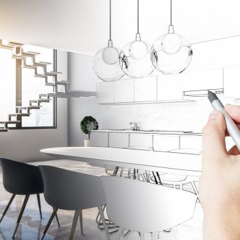 Hand drawn modern loft kitchen interior with furniture, stairs and sunlight. Drawing and engineering concept.