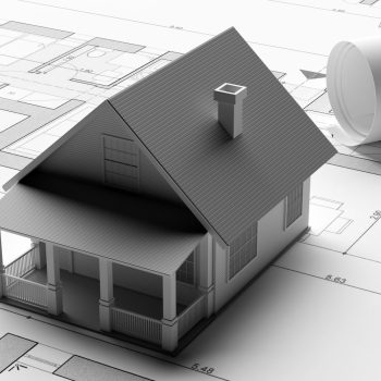 Construction, real estate contractor concept. Residential house building drawings and architectural model, engineer office desk, 3d illustration