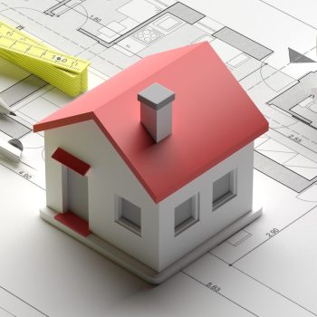 Building project blueprint plans and a house model. Real estate, construction concept, banner. Architecture design. 3d illustration